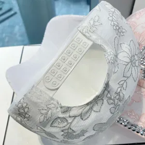 Lace baseball cap for women with silver floral embroidery and adjustable back buckle