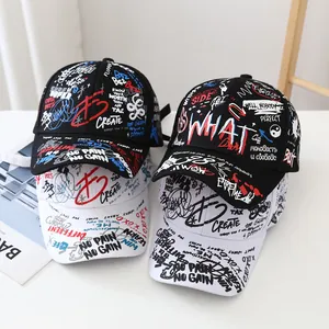 Streetwear Graffiti Print Cotton Baseball Cap With Long Adjustable Strap Hip Hop Sun Hat For Men Women Kids