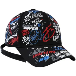 Graffiti printed black baseball cap with colorful street style embroidery and long strap