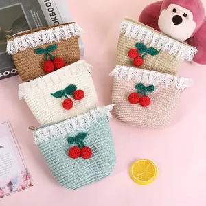 Kids Girls Cute Straw Crossbody Bag With Lace Trim And Crochet Cherry Mini Summer Beach Shoulder Bag Small Purse For Girls