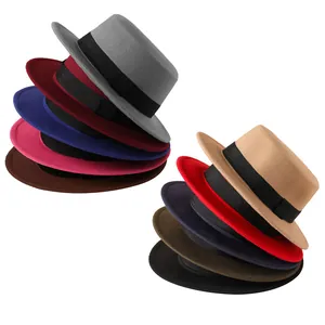 Flat top wool felt fedora hats collection showing ten vibrant colors with black ribbon