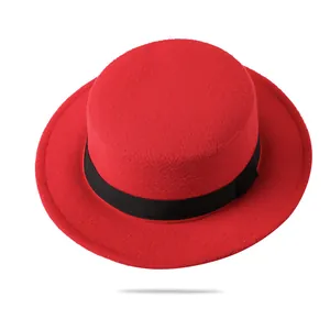 Classic red wool felt boater hat with black grosgrain ribbon for women and men