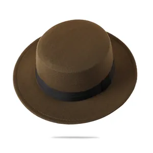 Detailed top view of dark brown wool felt boater hat with a black grosgrain ribbon band