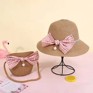 Kinder Strohhut und Tasche Set mit rosa Karo-Schleife und Perle für Strandurlaub