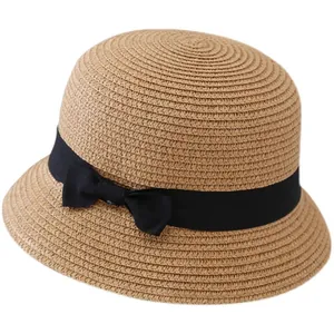 Women's summer straw sun hat with elegant black ribbon bow in a classic round top style