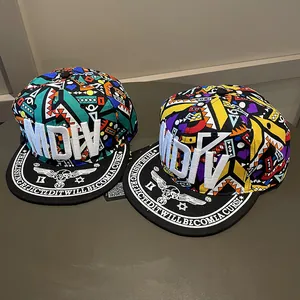 Hip hop flat brim baseball cap with colorful geometric prints and 3D MDIV embroidery