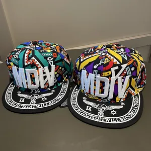 Street style flat brim snapback caps with geometric patterns and 3D MDIV embroidery