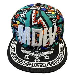 Hip hop flat brim baseball cap featuring colorful geometric patterns and MDIV embroidery