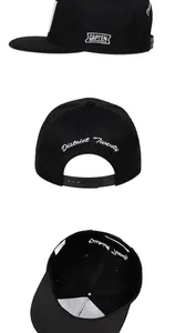 Detailansichten der schwarzen Snapback-Kappe mit Seitenstickerei und verstellbarem Verschluss