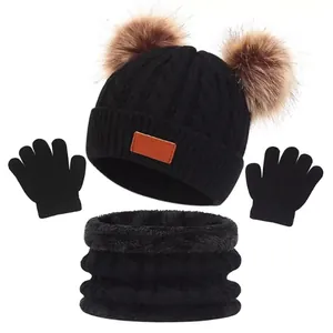 Winter kids knit hat scarf and gloves set with warm fleece lining and dual pom-poms