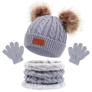 Kids Winter Knitted Hat Scarf And Gloves Set Acrylic Fleece Lined Cable Knit Double Pom Poms Warm Outdoor Set For Boys Girls