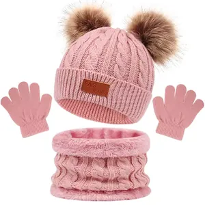 Pink knit 3-piece kids winter set with dual pompom hat, warm scarf, and gloves
