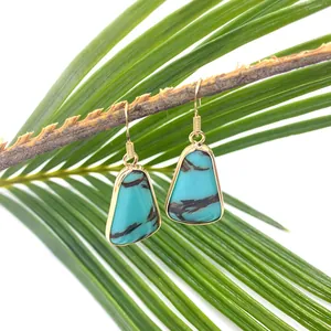 Bohemian turquoise drop earrings with gold plated frame and natural stone veins