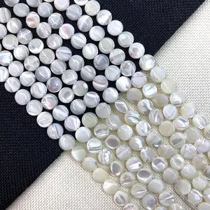 Natural white 10mm round flat shell beads with iridescent pearl luster for DIY jewelry
