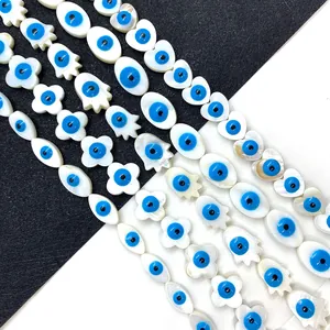 Natural white shell evil eye beads in hamsa, clover and heart shapes for DIY jewelry