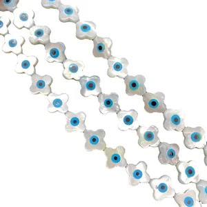Natural white shell flower beads with evil eye pattern for DIY jewelry making