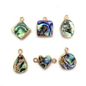 Set of 6 natural abalone shell charms in gold plated geometric shapes for jewelry making