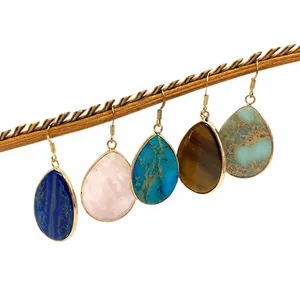 Five pairs of teardrop-shaped natural stone earrings in various colors with gold hooks