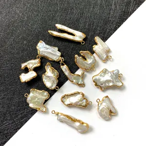 Colgante de Perla Natural de Agua Dolce Barroco Forma Irregular Borde Dorado Accesorio Joyería DIY para Collar Mujer