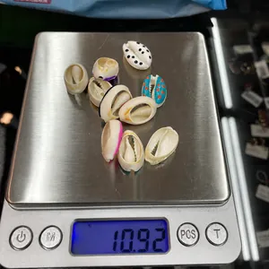 Macro shot of colorful painted sea shells weighing 10.92 grams on a digital scale