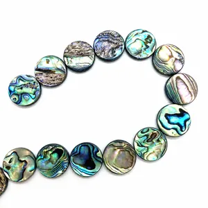 Flat round natural abalone shell beads with iridescent textures for DIY jewelry making