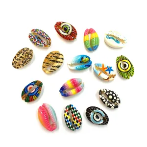 Hand-painted natural cowrie shell beads with assorted colorful patterns for DIY jewelry