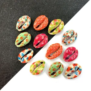 Natürliche Kauri Muschelperlen Bedruckt Gebleicht Geschnitten Mischfarben Blumenmuster Evil Eye Design DIY Schmuckherstellung Zubehör Für Halskette Armband