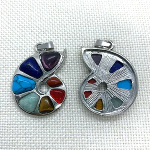 Natural stone tiger eye snail pendant with colorful seven chakra gemstones for DIY jewelry