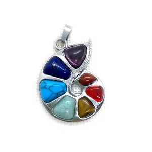 Spiral nautilus shell pendant with seven natural healing stones in silver setting