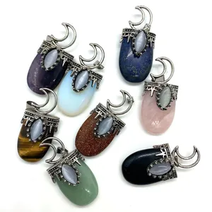 Pendentifs ovales en pierre naturelle rétro avec croissant de lune argenté ciselé