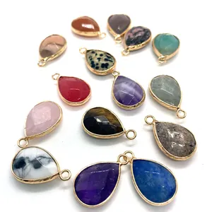 Lot de 14 pendentifs gouttes en pierre naturelle facettée avec bords dorés