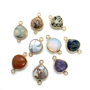 Set of 9 teardrop faceted amethyst and natural stone pendants with gold frames