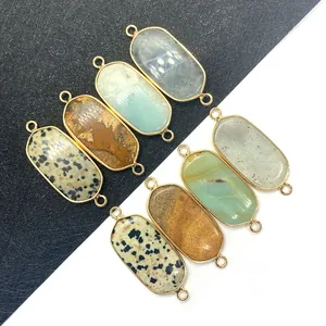 Natural Stone Oval Pendant Connector Dalmatian Jasper Picture Jasper Gold Plated Alloy Double Hole Charms For DIY Necklace Bracelet Jewelry Making