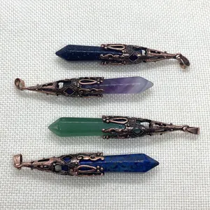 Natuursteen zeshoekige prisma hangers met vintage koperlegering zetting in vier kleuren
