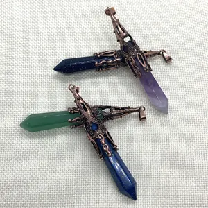 Zeshoekige hangers van natuursteen met vintage holle kappen in amethist en lapis