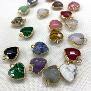Faceted heart-shaped opal and gemstone pendants with gold edges for DIY jewelry making