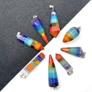 Colgantes de Cristal de Siete Chakras de Piedra Natural Prisma Hexagonal Forma de Cono Para DIY Fabricación de Joyas Meditación de Curación Mujeres Hombres Solo Colgante (Sin Cadena)