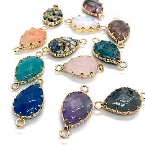 Faceted teardrop natural stone connectors with gold edges for DIY jewelry making