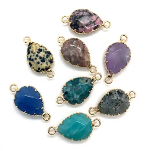Faceted natural stone teardrop connectors with gold frames for DIY jewelry making