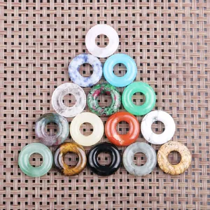 15er-Set 20mm Naturstein-Donut-Anhänger mit Rosenquarz, Tigerauge und rotem Achat