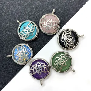 Pendentif Vintage Rond Ajouré Fleur de Lotus Symbole Om Alliage Argenté Pierre Naturelle Améthyste Turquoise Pour Yoga DIY