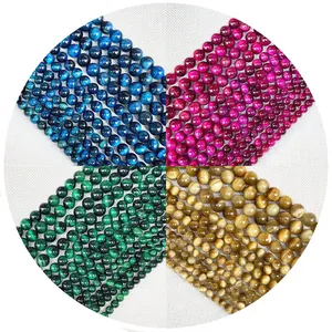 Natural tiger eye stone beads in blue, pink, green, and gold, sizes 4mm to 12mm