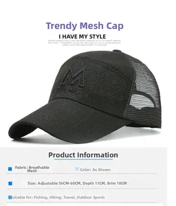 Detail view of black mesh baseball cap with embroidered M logo and size specifications