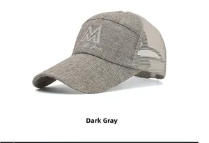Close-up of dark grey baseball cap with embroidered M letter and breathable mesh fabric