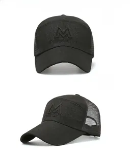 Detailed front and side views of a black mesh baseball cap with 3D embroidered M logo