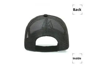 Close-up of black mesh baseball cap back showing breathable fabric and velcro strap