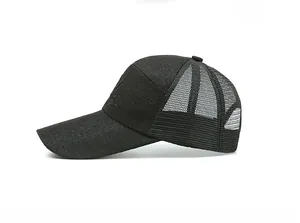 Detail of breathable black mesh panel and curved brim on the baseball cap