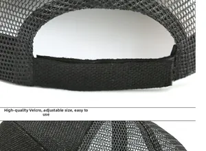 Detail view of the breathable black mesh baseball cap with adjustable Velcro strap closure