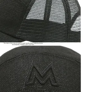 Detail view of black breathable mesh fabric and embroidered letter M on baseball cap