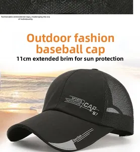 Detail of outdoor sports cap with 11cm extended brim and breathable mesh material